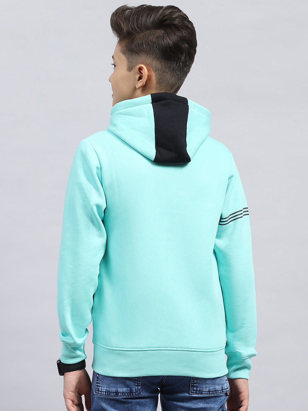 Boys Turquoise Blue Printed Hooded Full Sleeve Sweatshirt