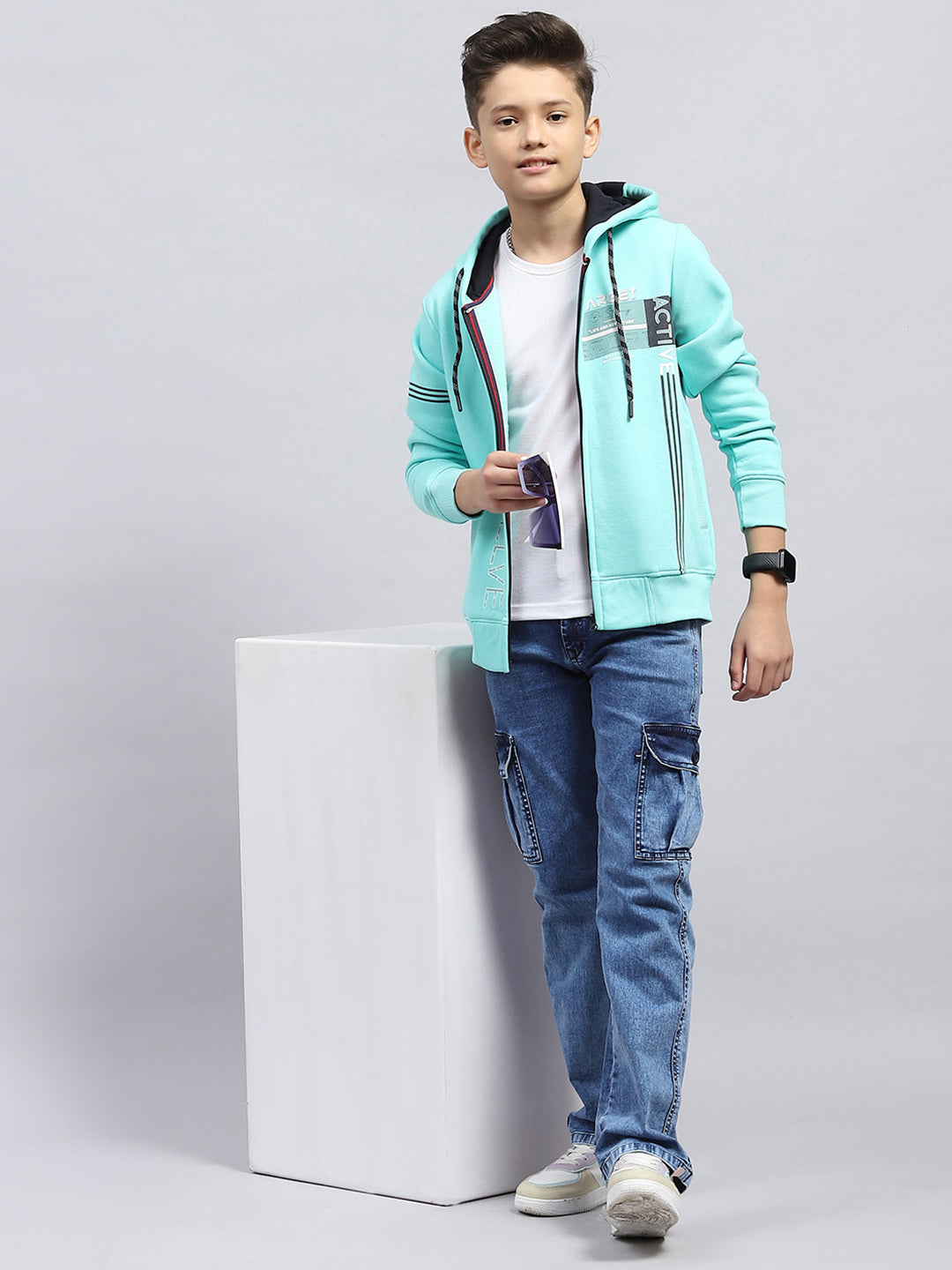 Boys Turquoise Blue Printed Hooded Full Sleeve Sweatshirt
