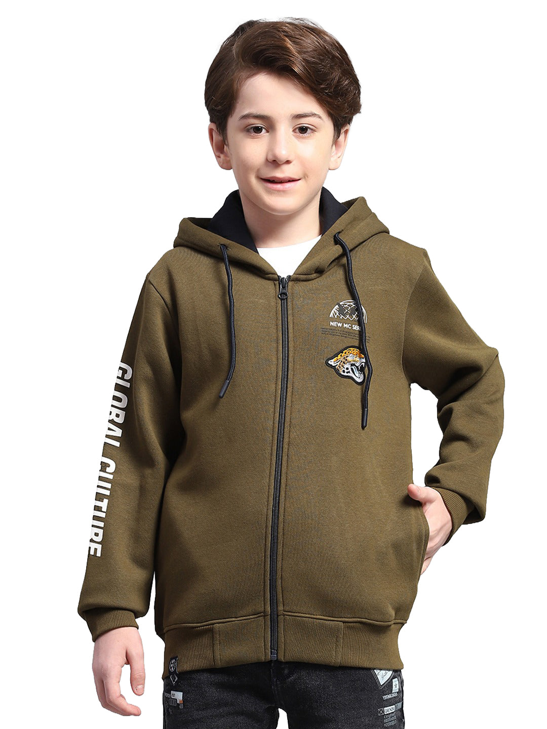 Boys Olive Printed Hooded Full Sleeve Sweatshirt
