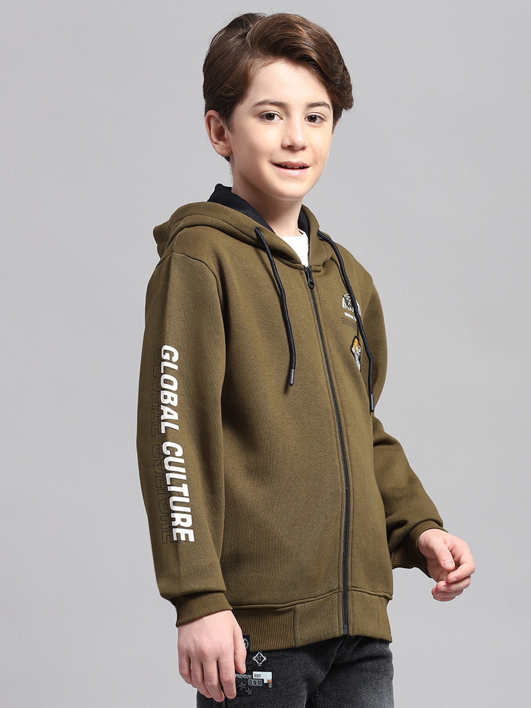 Boys Olive Printed Hooded Full Sleeve Sweatshirt