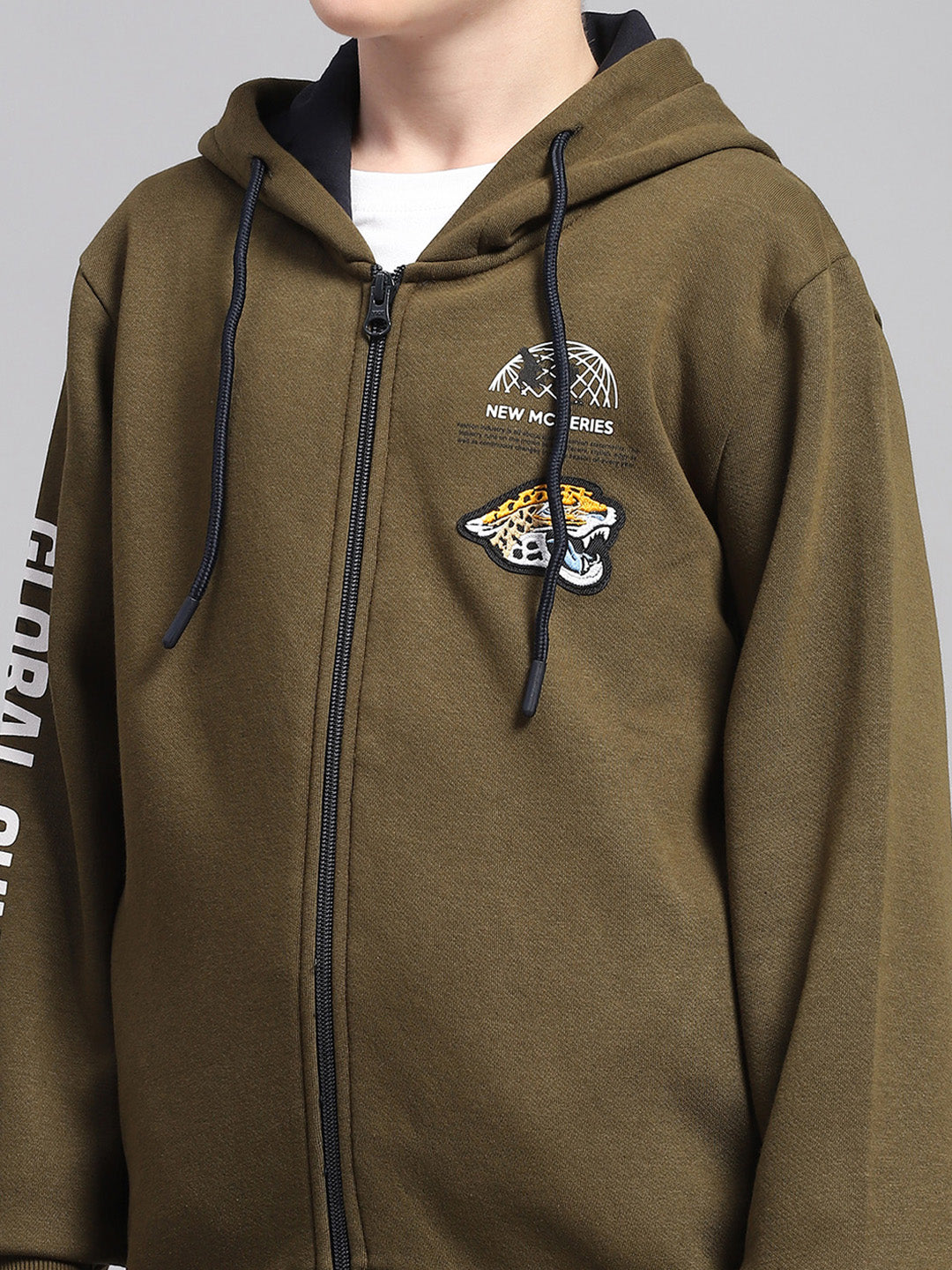 Boys Olive Printed Hooded Full Sleeve Sweatshirt