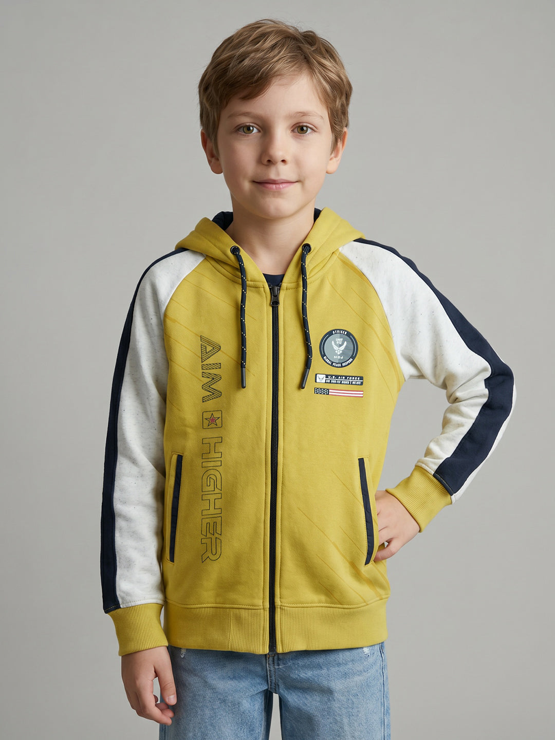 Boys Yellow Printed Hooded Full Sleeve Sweatshirt