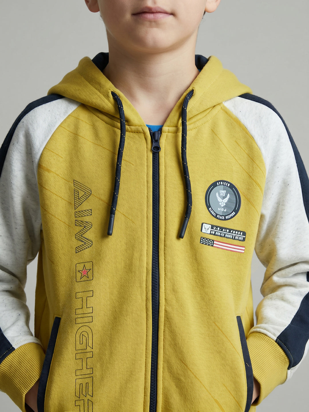 Boys Yellow Printed Hooded Full Sleeve Sweatshirt
