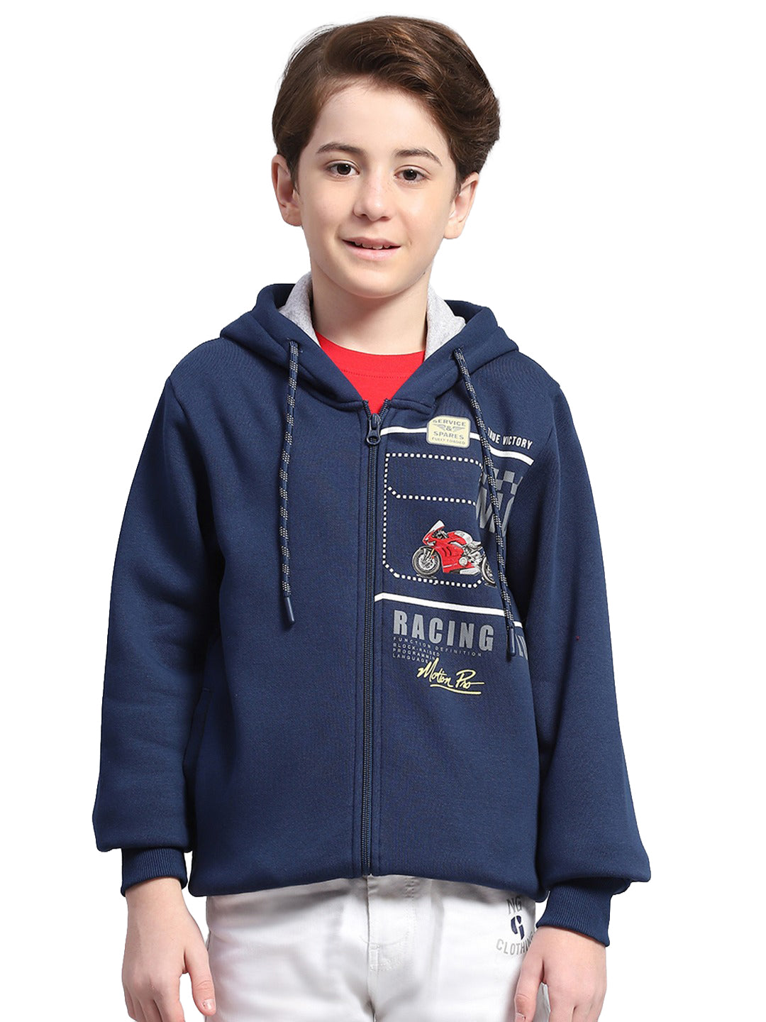 Boys Blue Printed Hooded Full Sleeve Sweatshirt