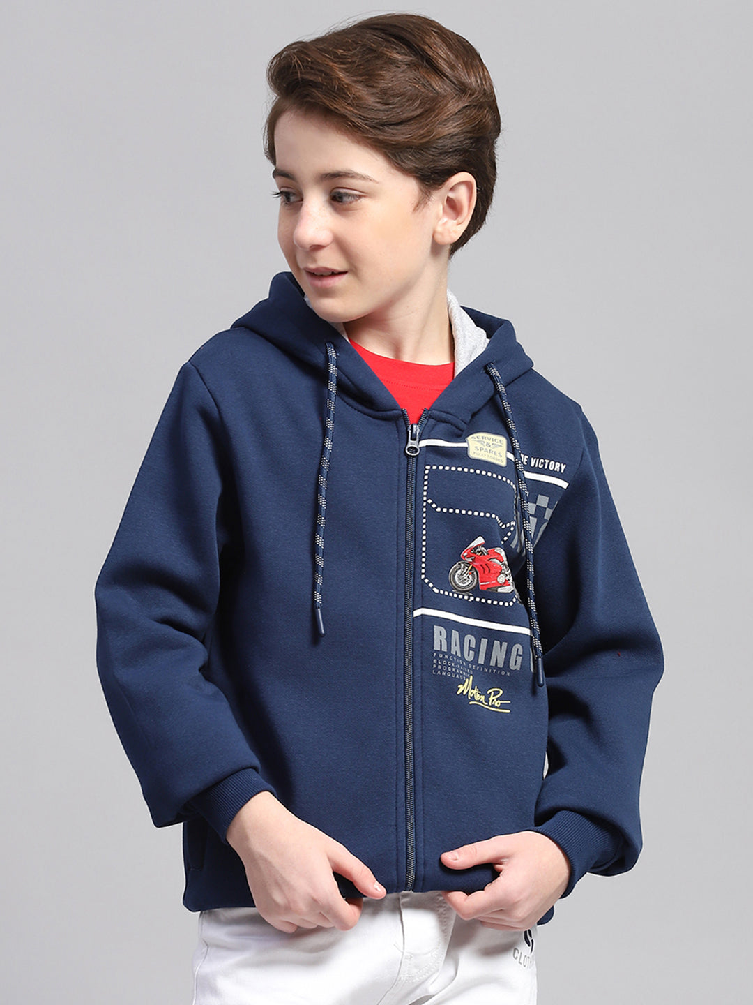 Boys Blue Printed Hooded Full Sleeve Sweatshirt