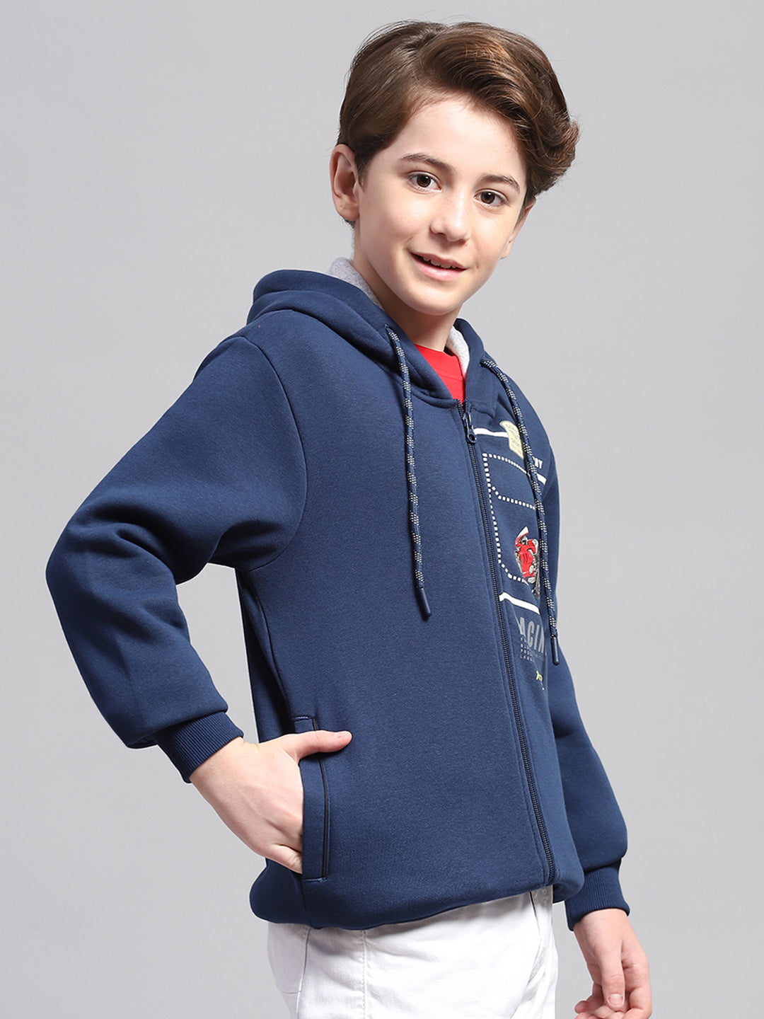 Boys Blue Printed Hooded Full Sleeve Sweatshirt