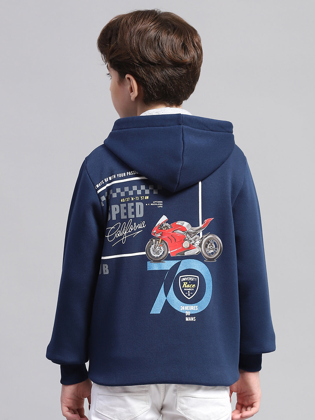 Boys Blue Printed Hooded Full Sleeve Sweatshirt