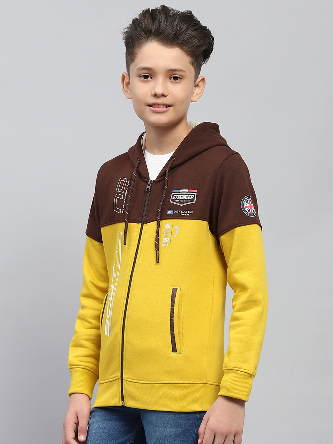 Boys Mustard Printed Hooded Full Sleeve Sweatshirt