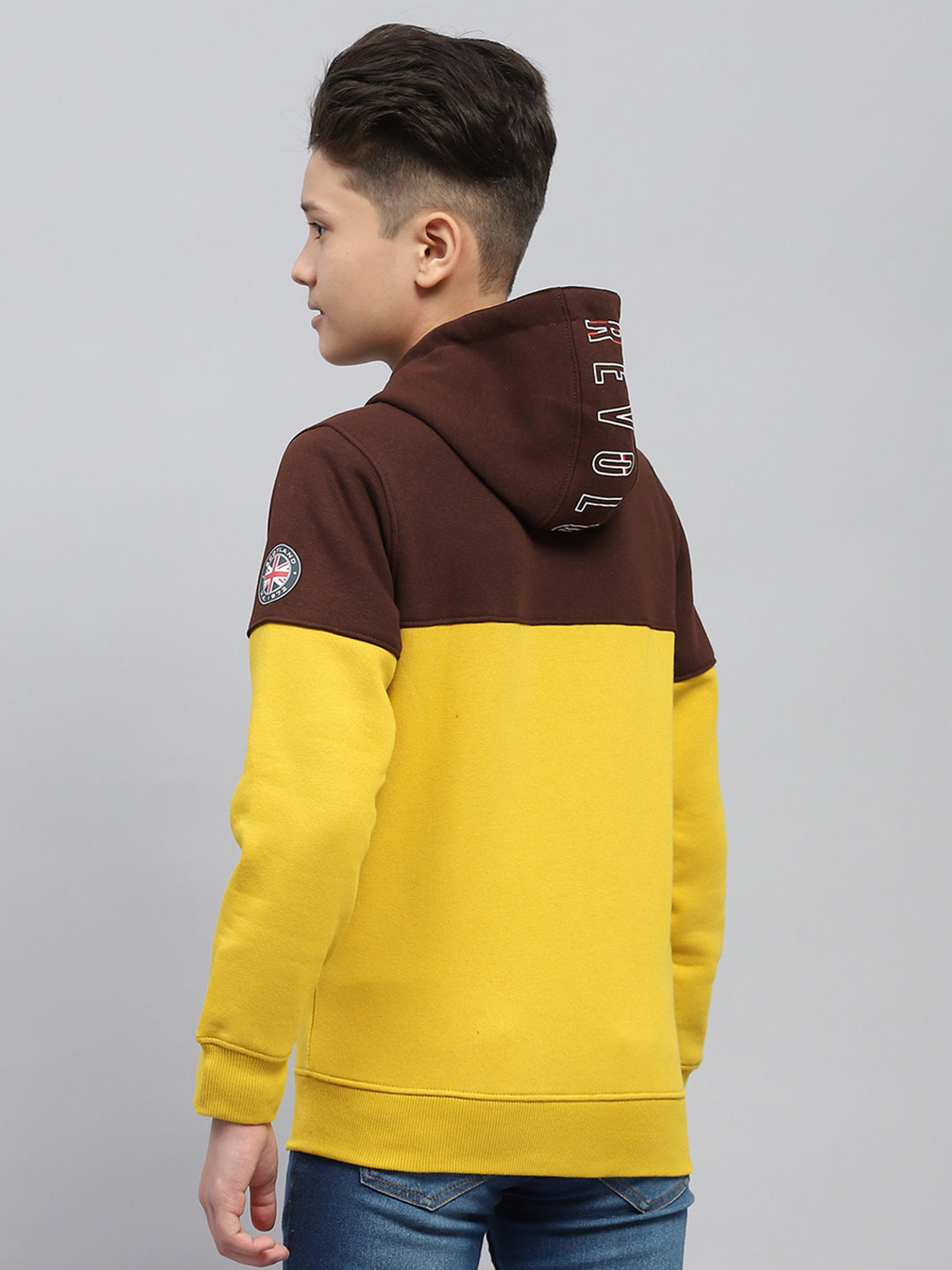 Boys Mustard Printed Hooded Full Sleeve Sweatshirt