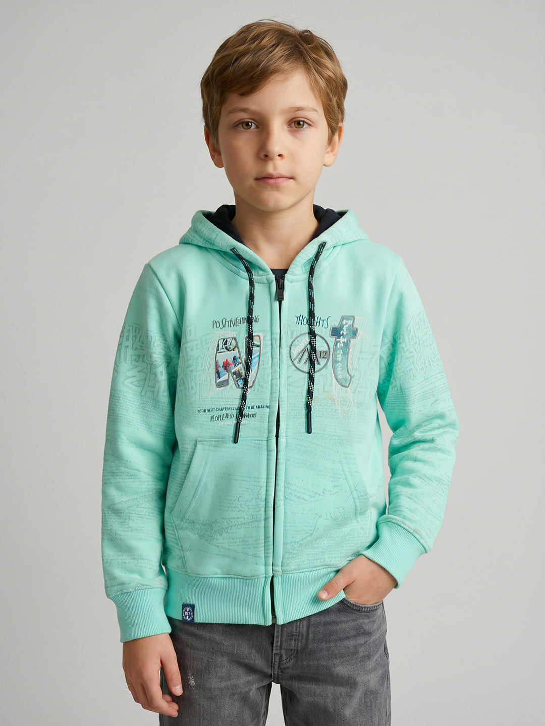 Boys Blue Printed Hooded Full Sleeve Sweatshirt