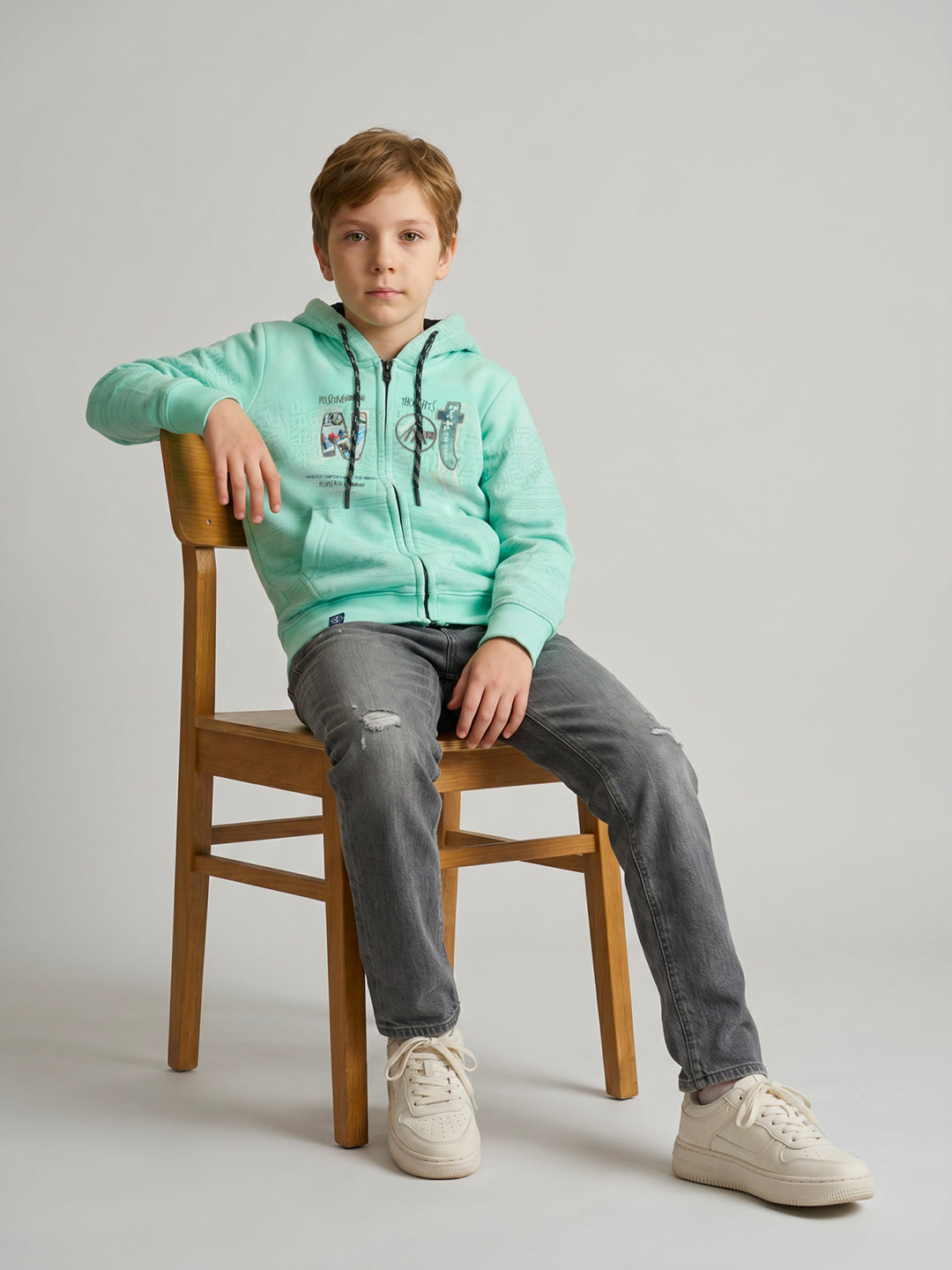 Boys Blue Printed Hooded Full Sleeve Sweatshirt