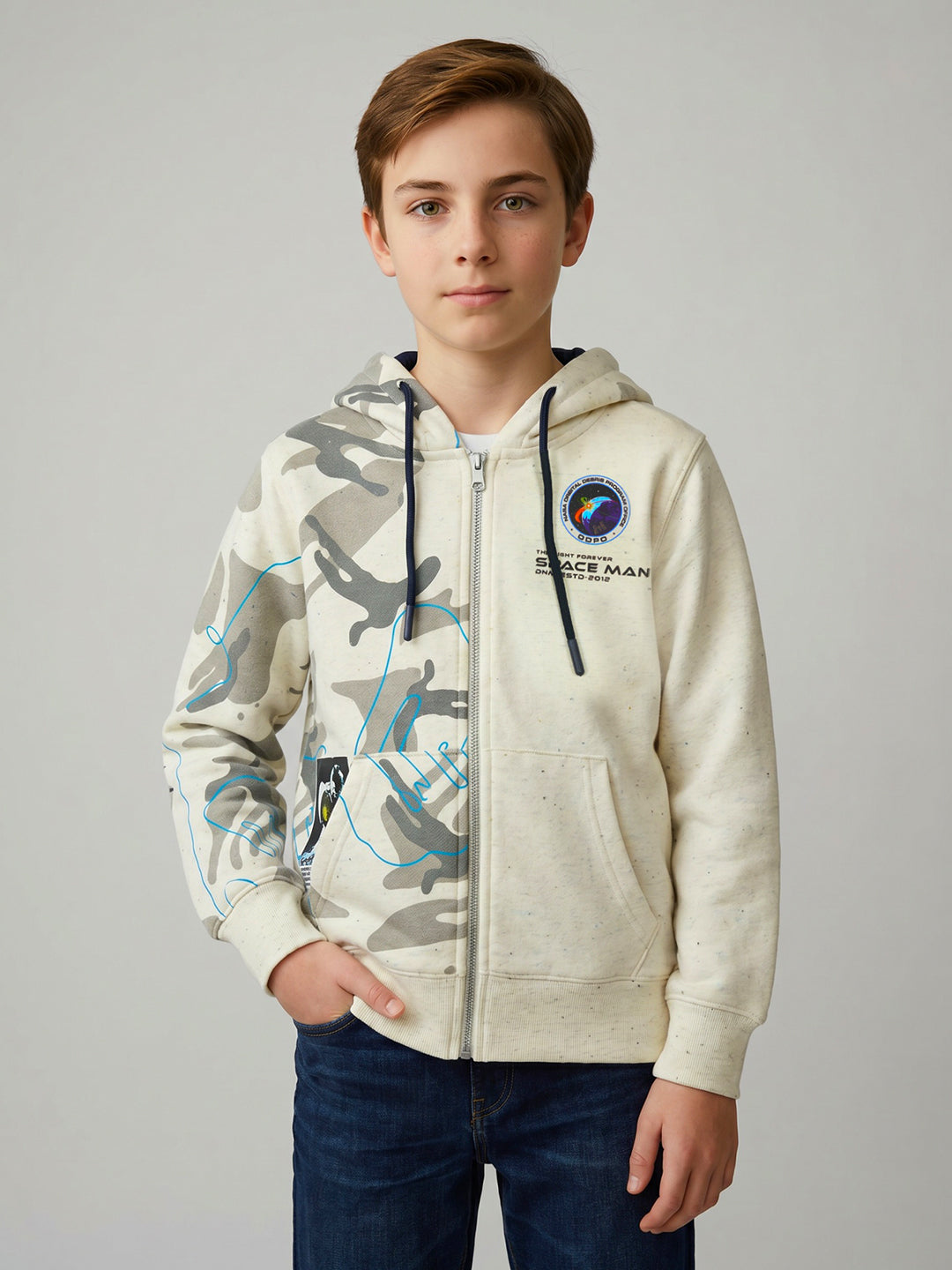 Boys White Printed Hooded Full Sleeve Sweatshirt