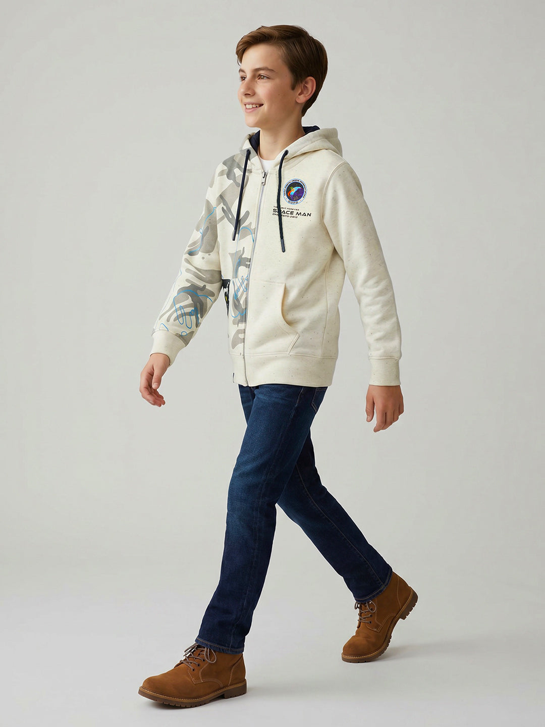 Boys White Printed Hooded Full Sleeve Sweatshirt