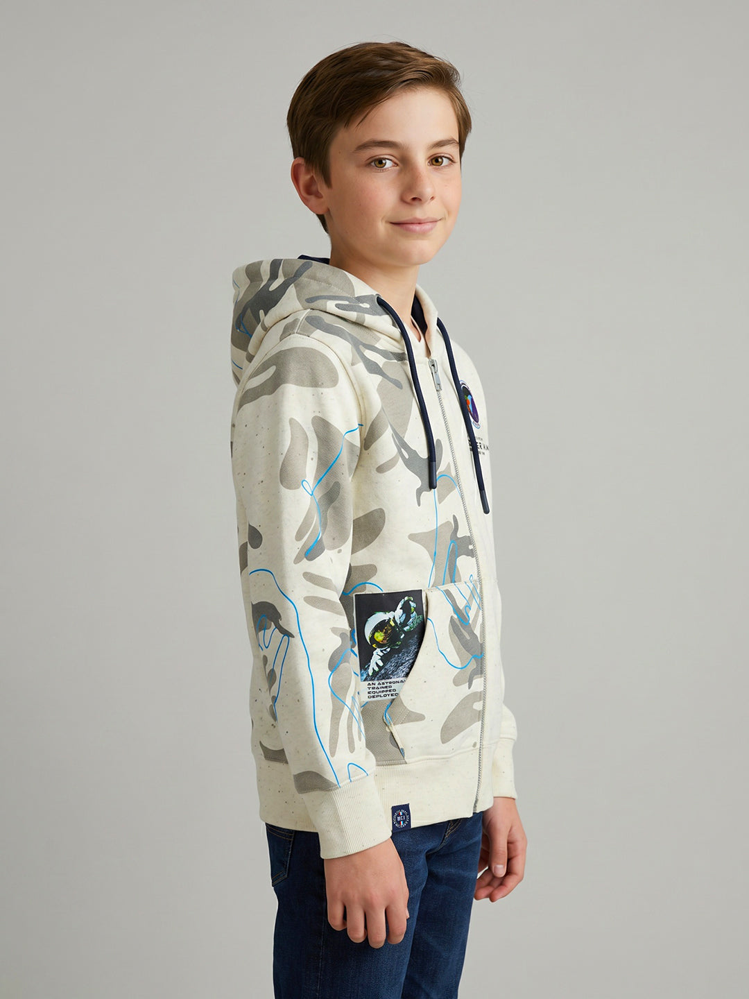 Boys White Printed Hooded Full Sleeve Sweatshirt