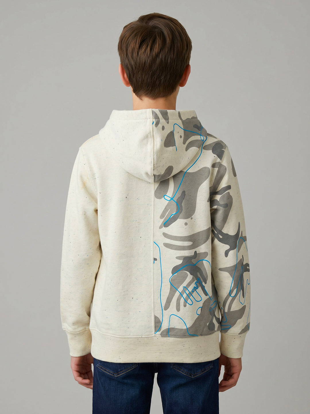 Boys White Printed Hooded Full Sleeve Sweatshirt