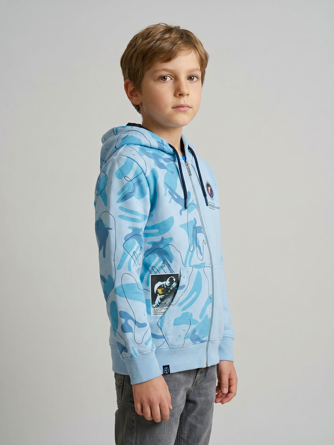 Boys Blue Printed Hooded Full Sleeve Sweatshirt