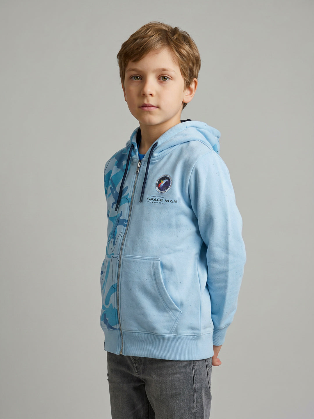 Boys Blue Printed Hooded Full Sleeve Sweatshirt