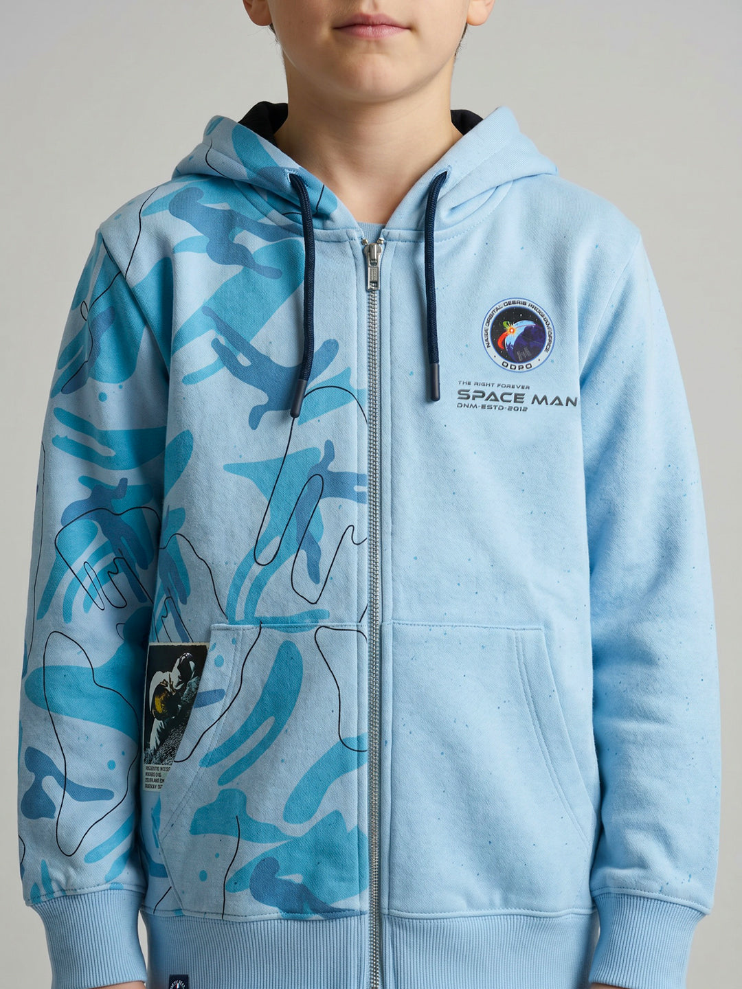 Boys Blue Printed Hooded Full Sleeve Sweatshirt