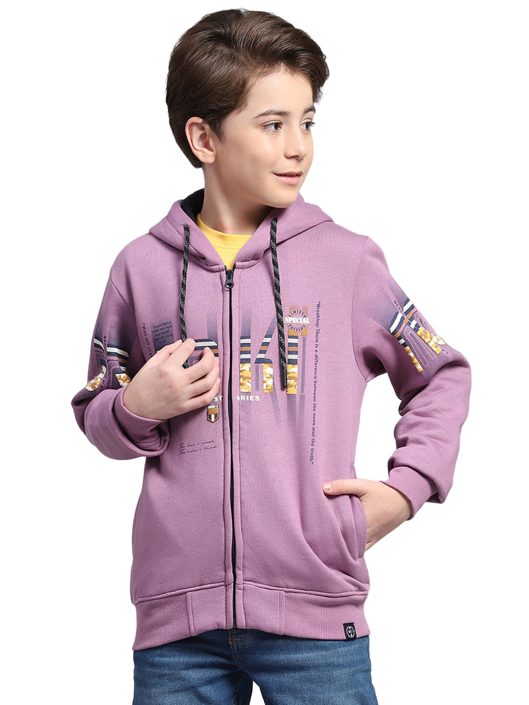 Boys Mauve Printed Hooded Full Sleeve Sweatshirt