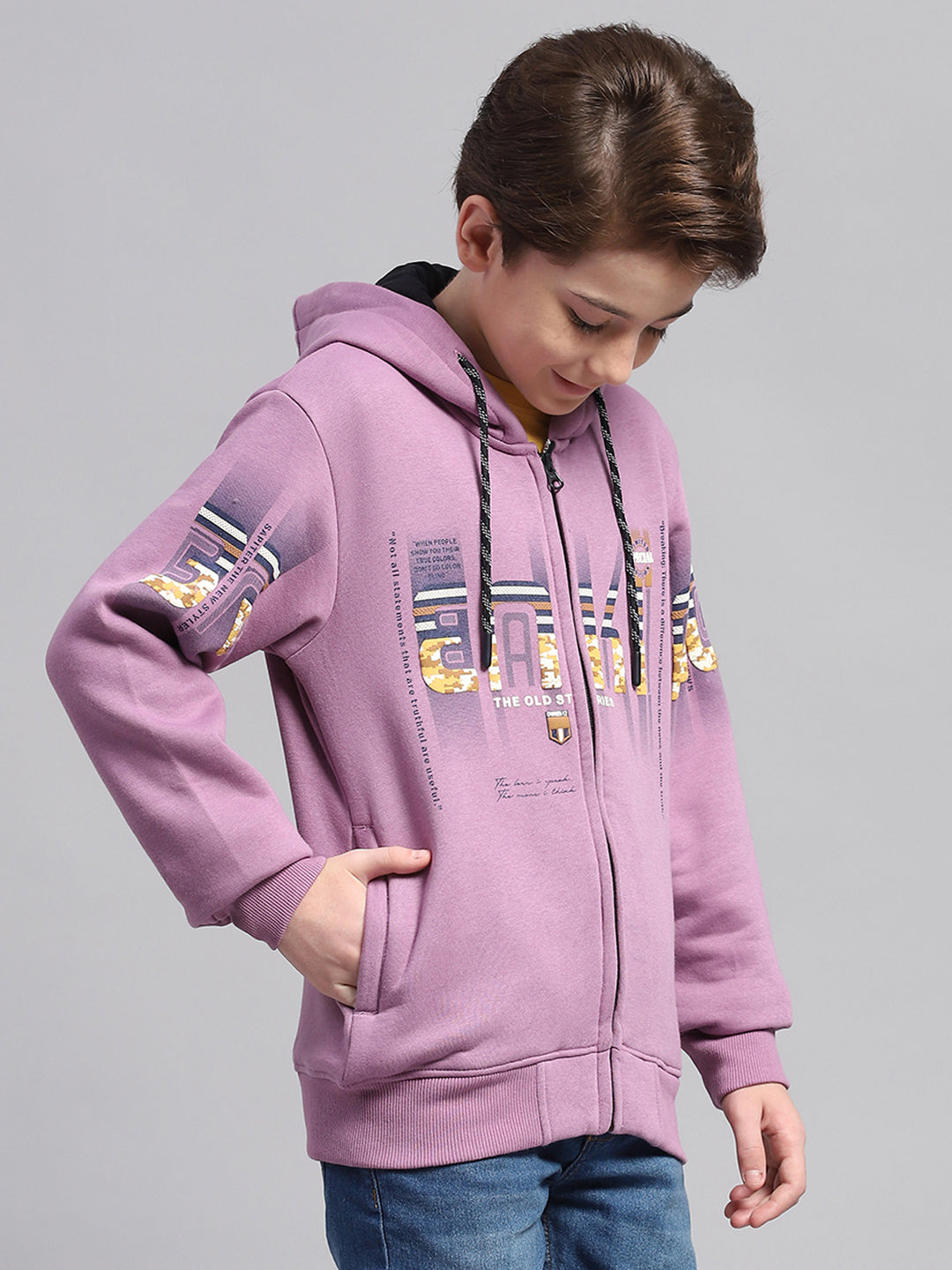Boys Mauve Printed Hooded Full Sleeve Sweatshirt