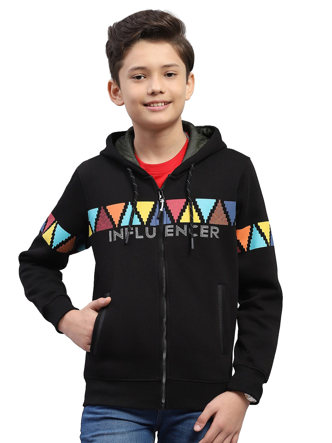 Boys Black Printed Hooded Full Sleeve Sweatshirt