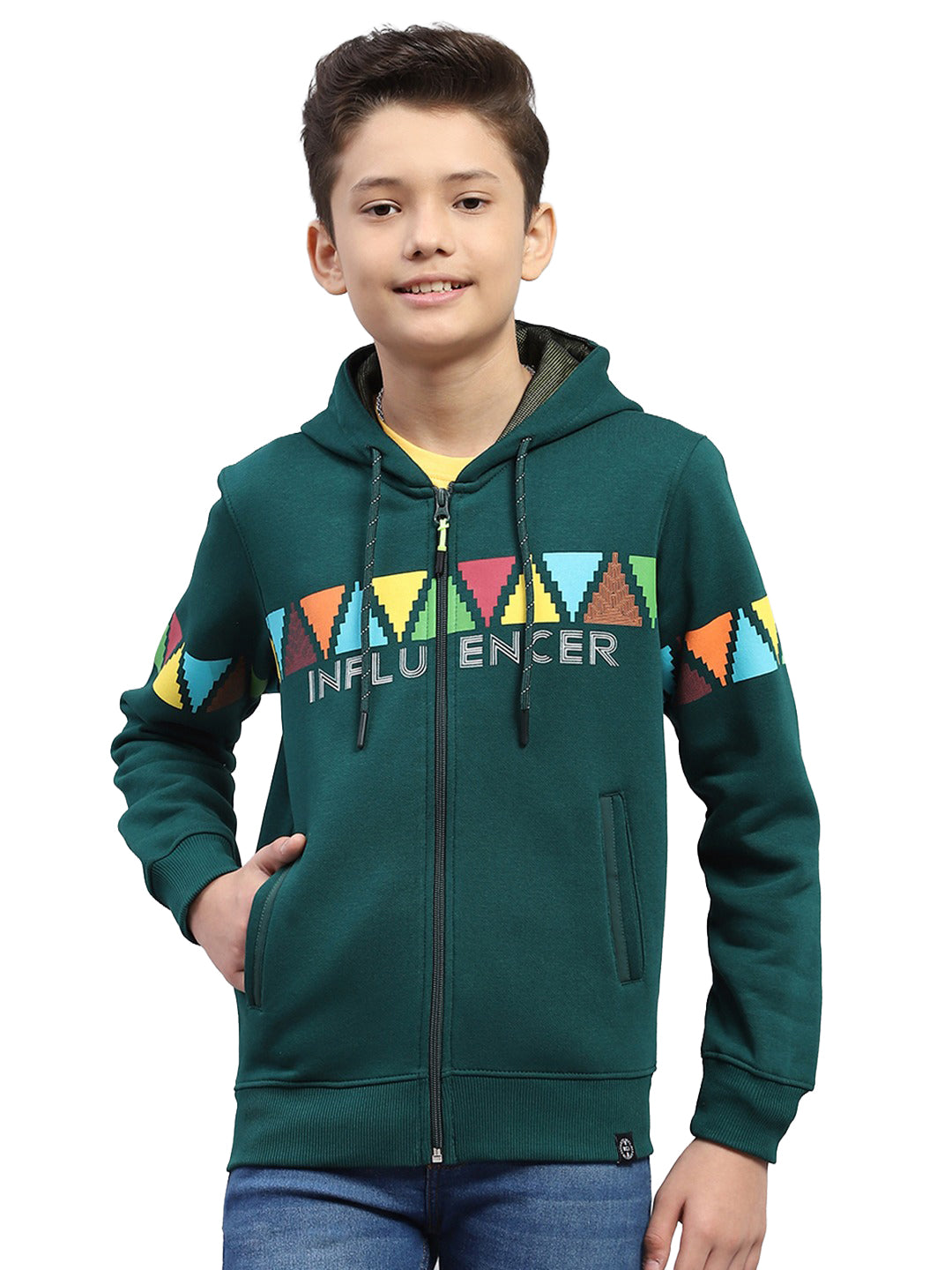 Boys Bottle Green Printed Hooded Full Sleeve Sweatshirt