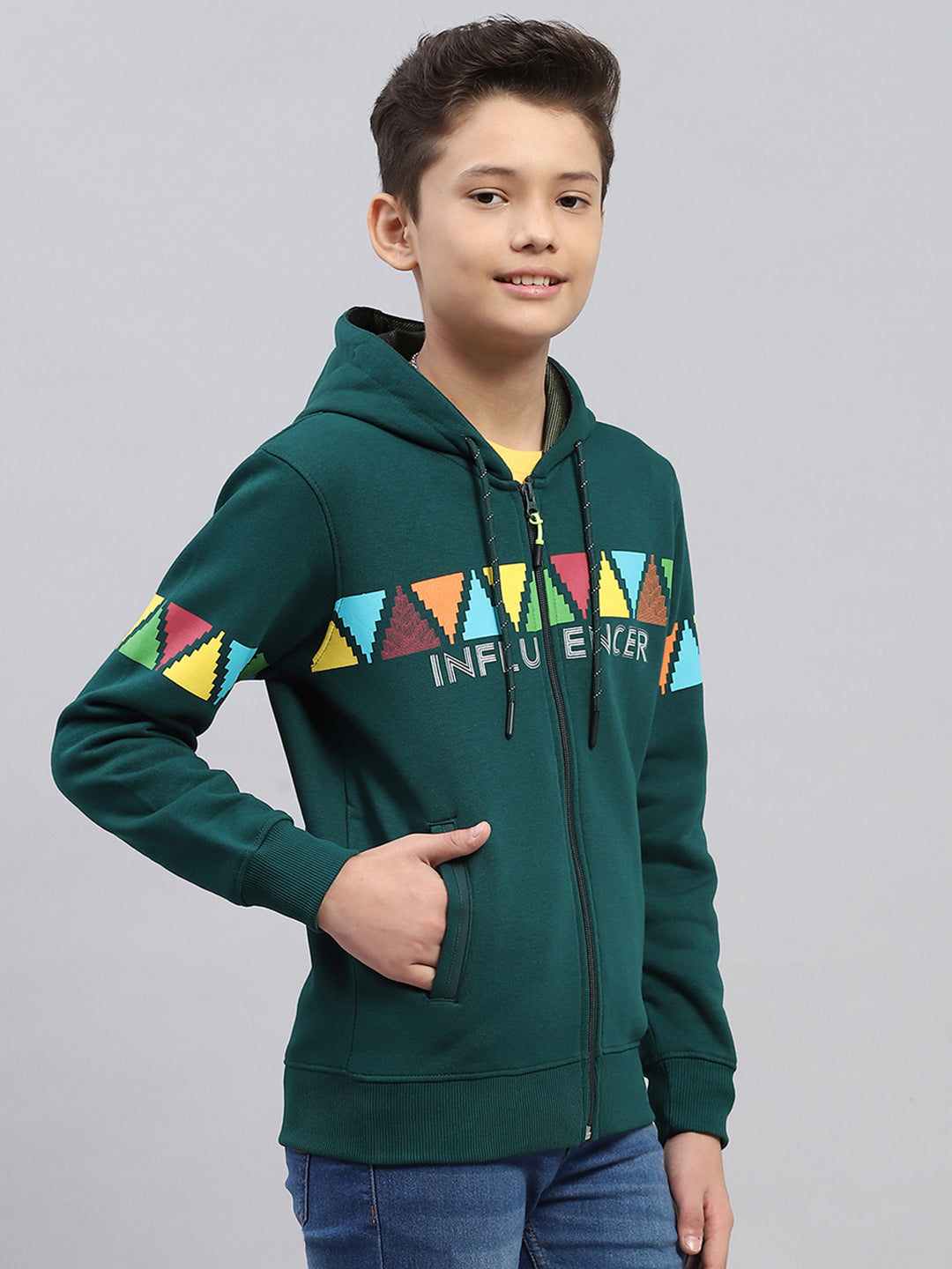 Boys Bottle Green Printed Hooded Full Sleeve Sweatshirt