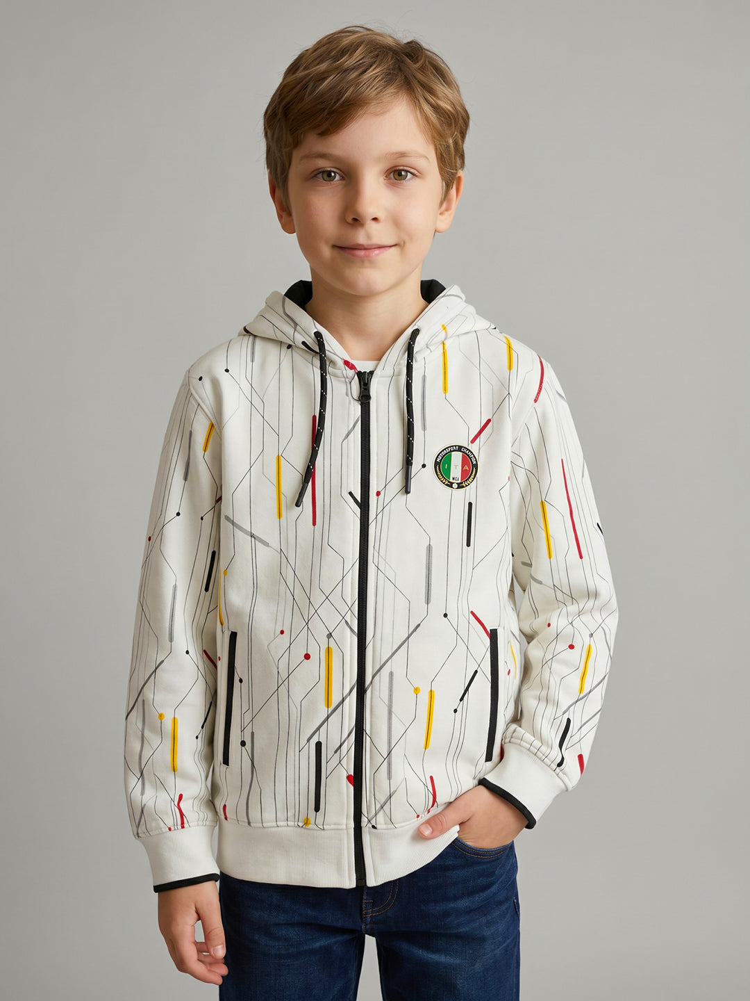Boys White Printed Hooded Full Sleeve Sweatshirt