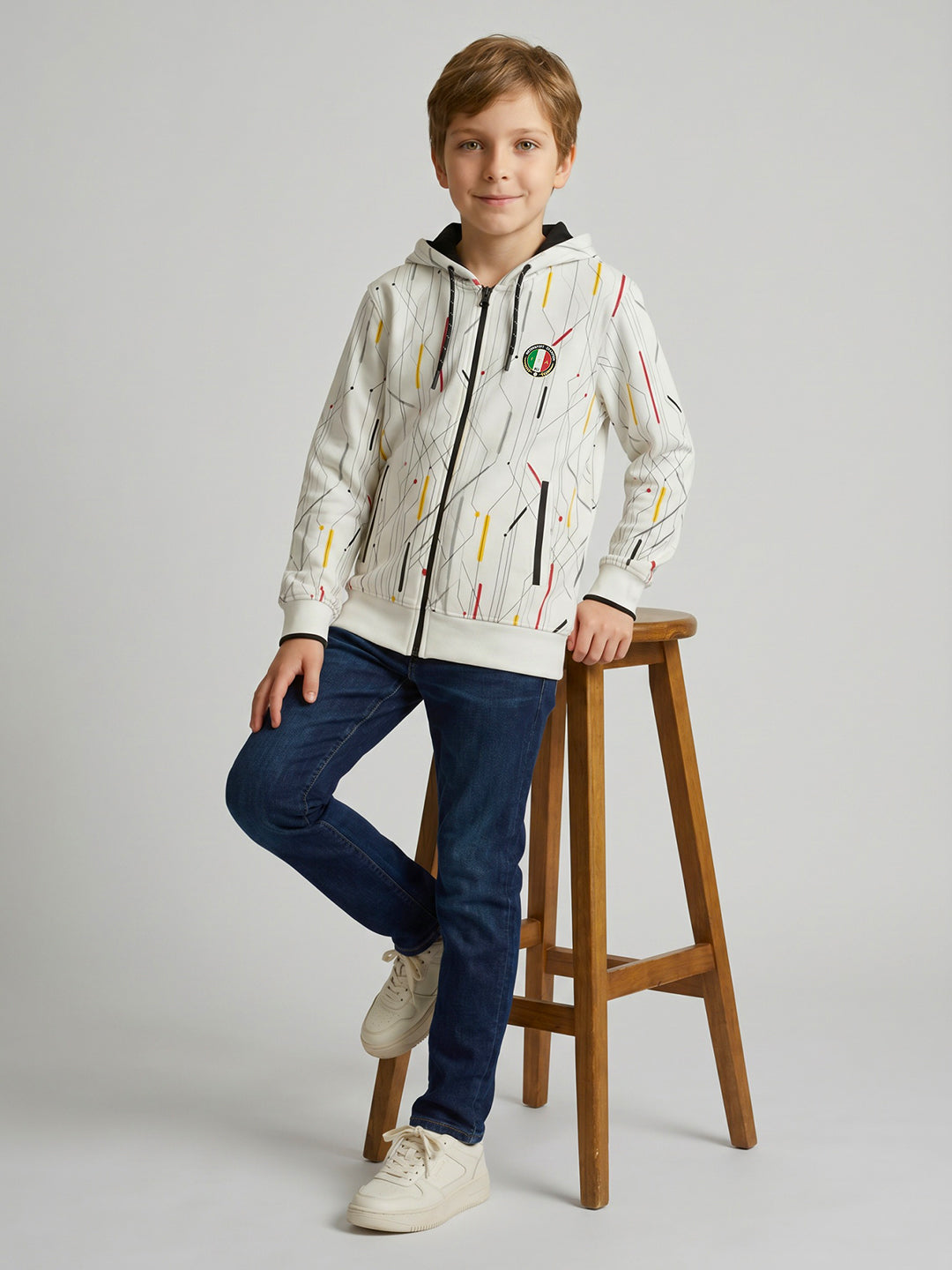 Boys White Printed Hooded Full Sleeve Sweatshirt