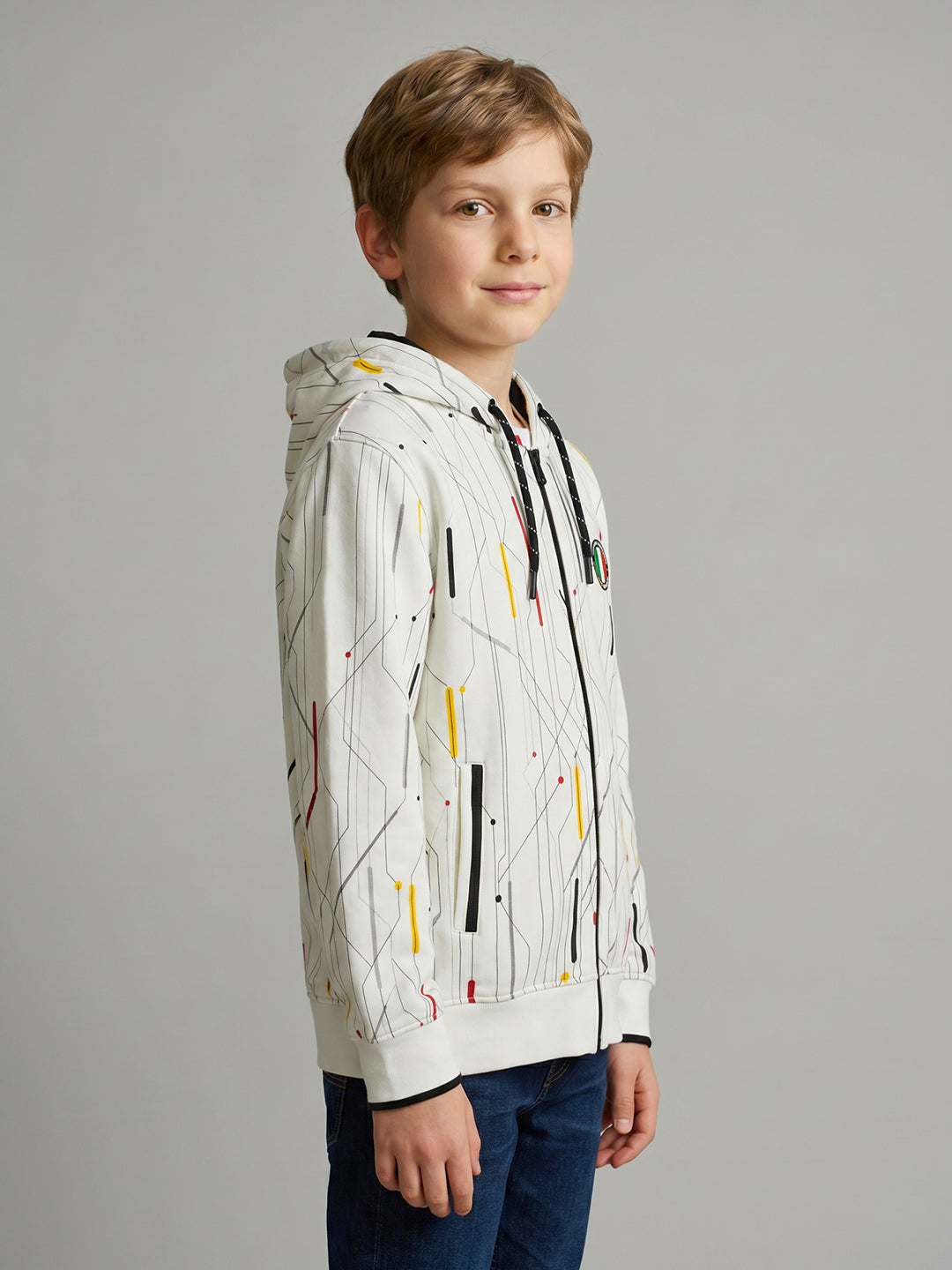 Boys White Printed Hooded Full Sleeve Sweatshirt