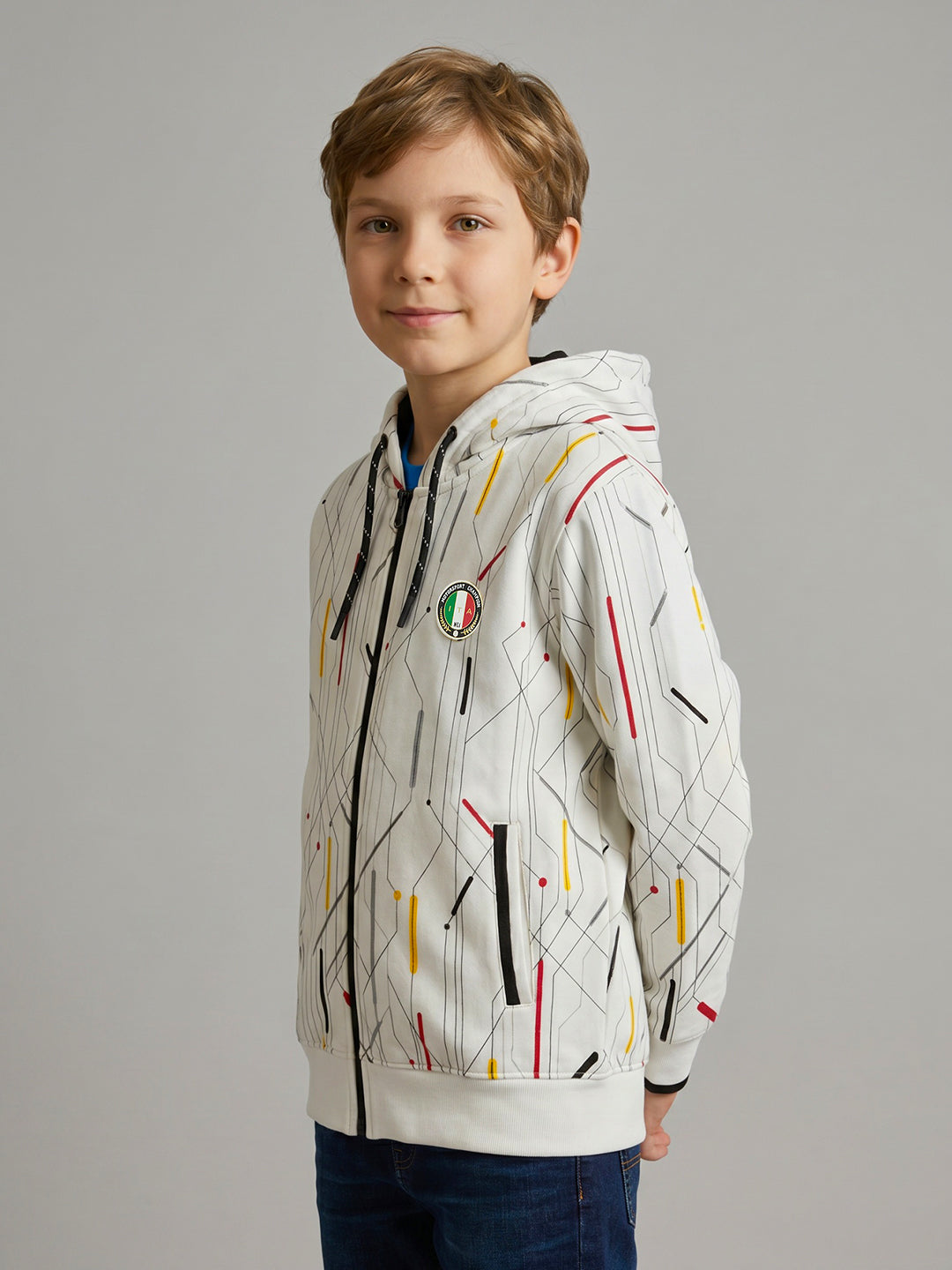 Boys White Printed Hooded Full Sleeve Sweatshirt