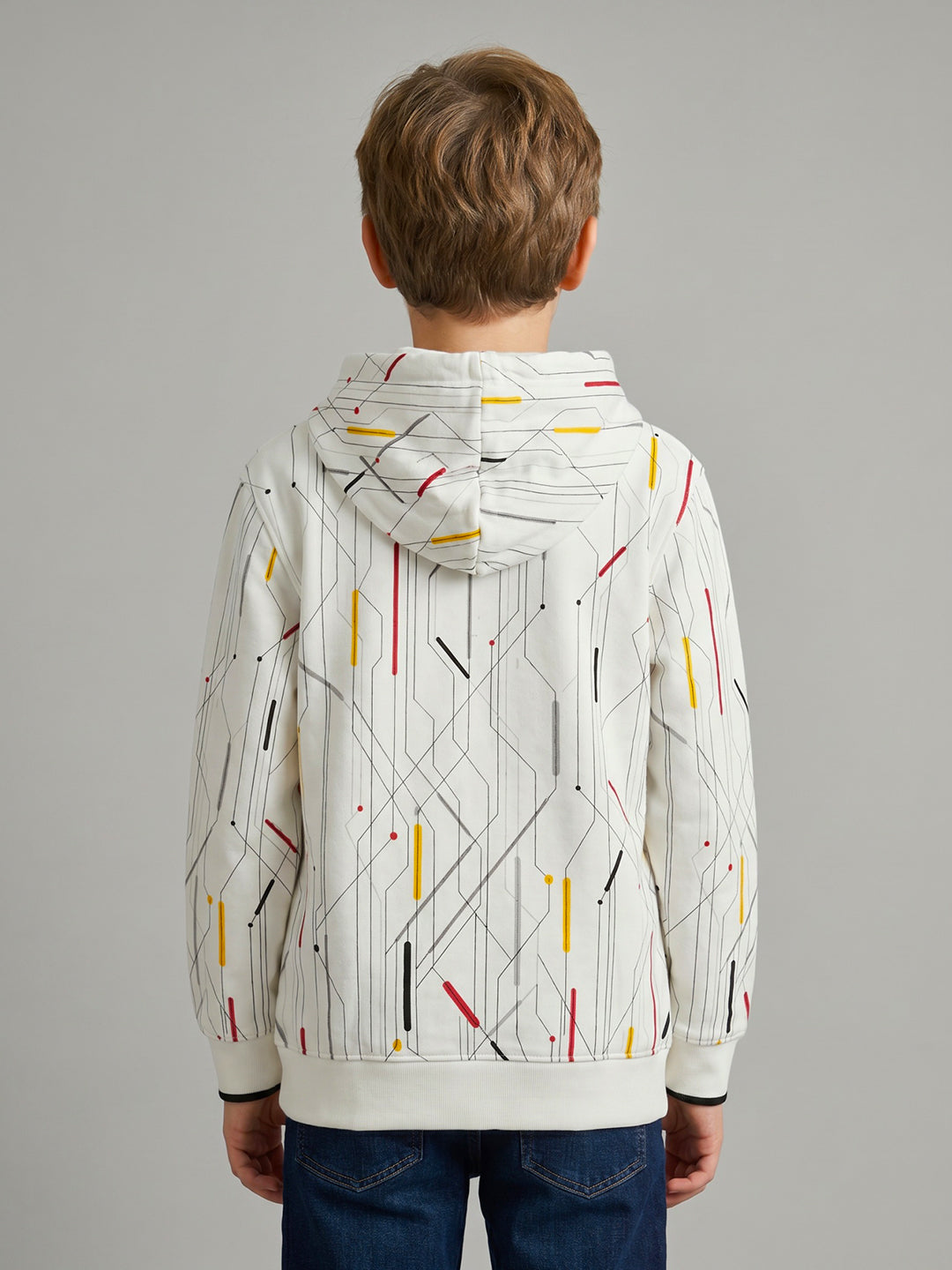 Boys White Printed Hooded Full Sleeve Sweatshirt
