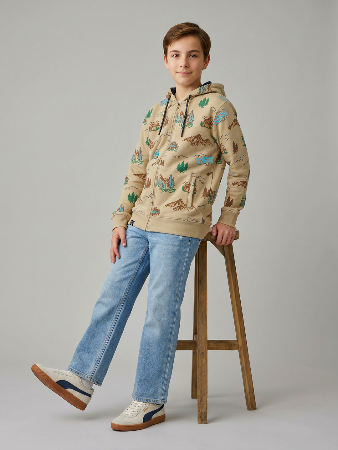 Boys Beige Printed Hooded Full Sleeve Sweatshirt