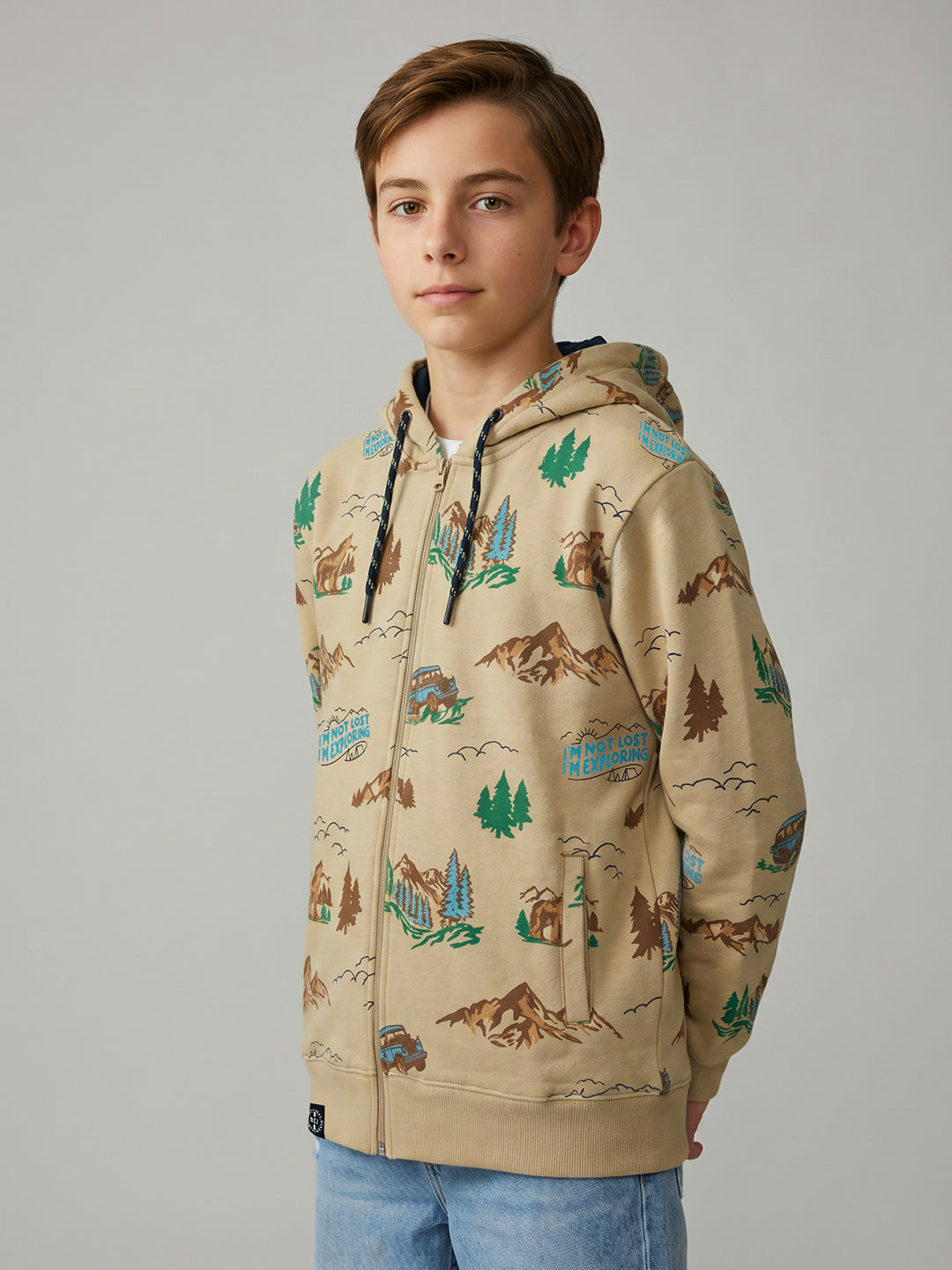 Boys Beige Printed Hooded Full Sleeve Sweatshirt
