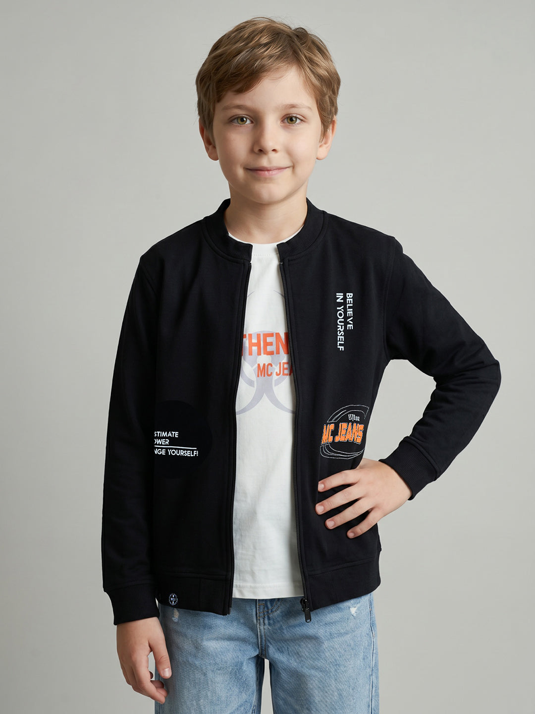 Boys Off White Printed Round Neck Full Sleeve Sweatshirt with T-Shirt