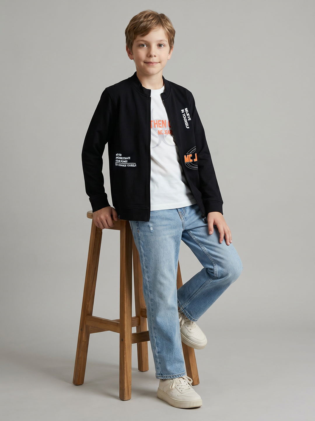 Boys Off White Printed Round Neck Full Sleeve Sweatshirt with T-Shirt