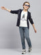 Boys Off White & Navy Blue Printed Round Neck Full Sleeve Sweatshirt with T-Shirt Set