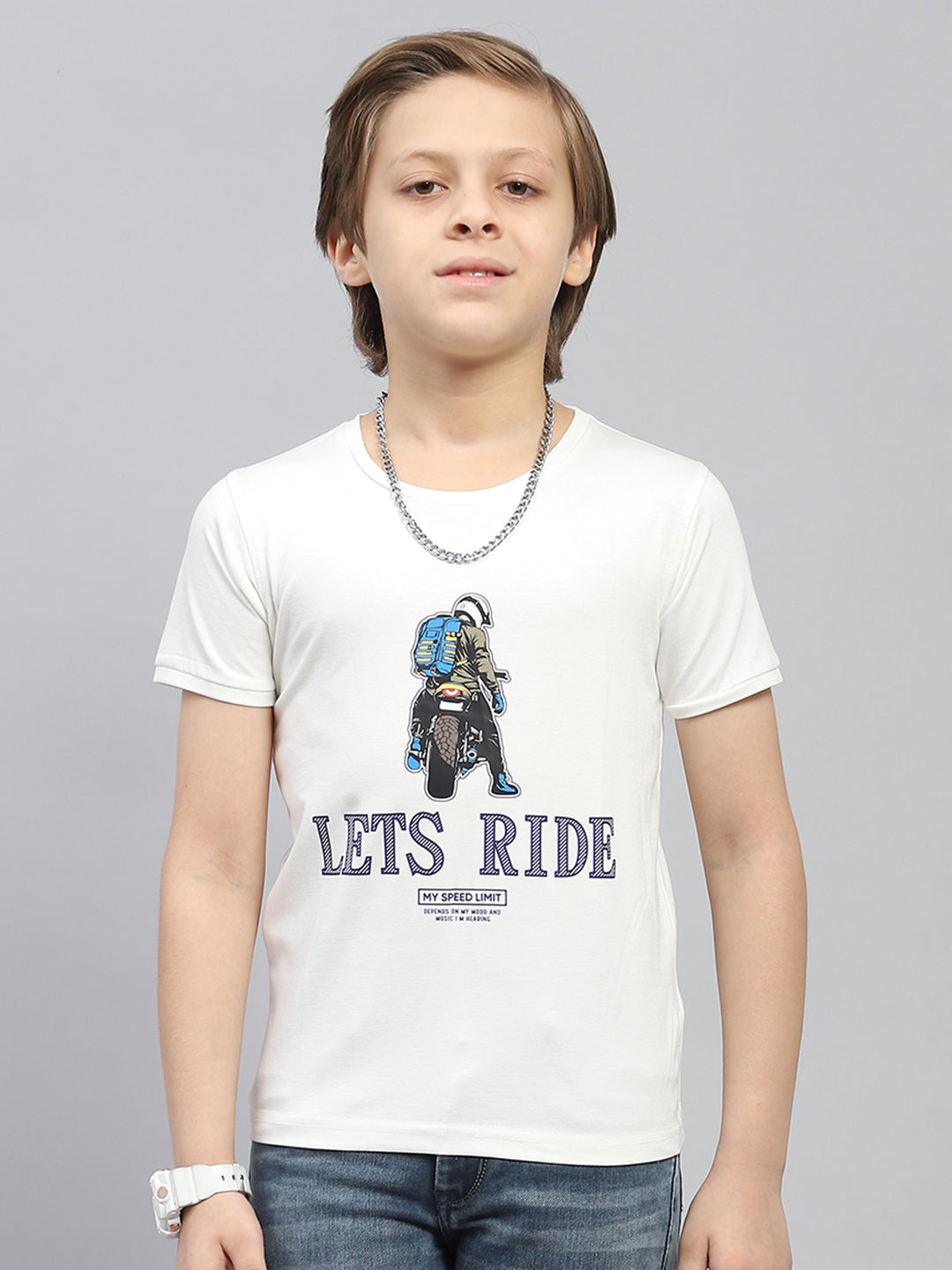Boys Off White & Navy Blue Printed Round Neck Full Sleeve Sweatshirt with T-Shirt Set
