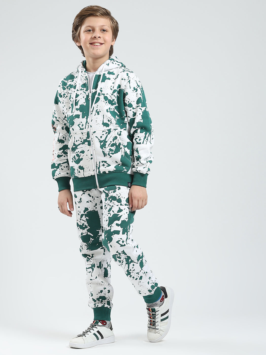 Boys Green Printed Hooded Full Sleeve Tracksuit