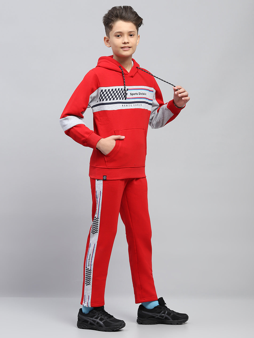 Boys Red Printed Hooded Full Sleeve Tracksuit