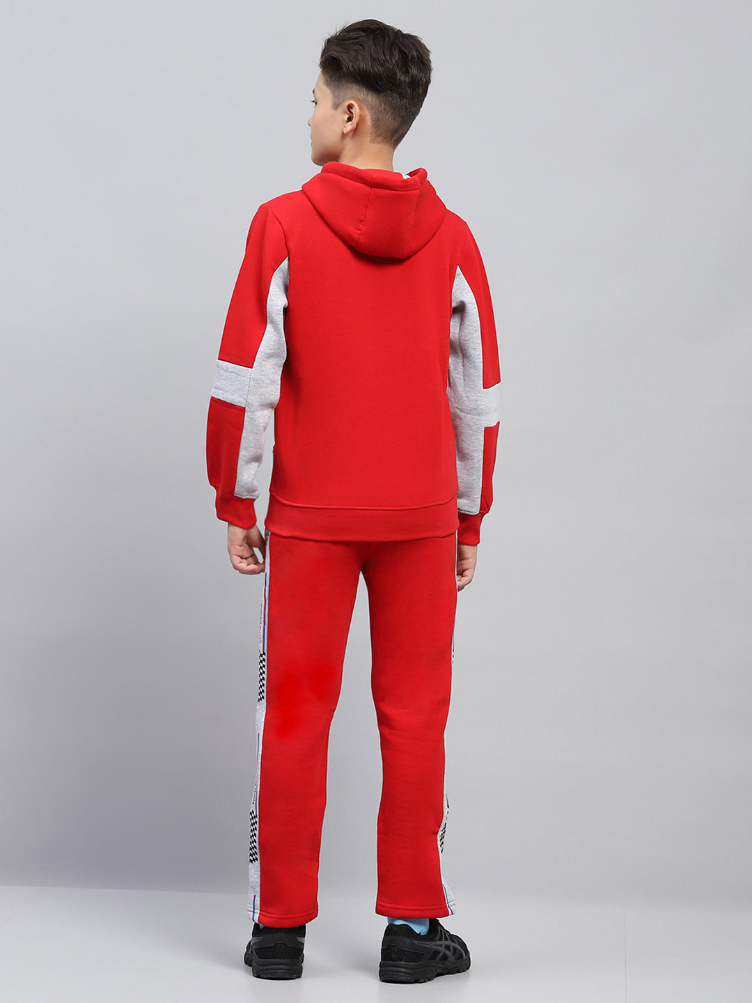 Boys Red Printed Hooded Full Sleeve Tracksuit