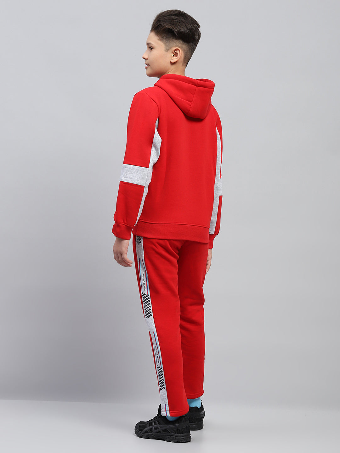 Boys Red Printed Hooded Full Sleeve Tracksuit
