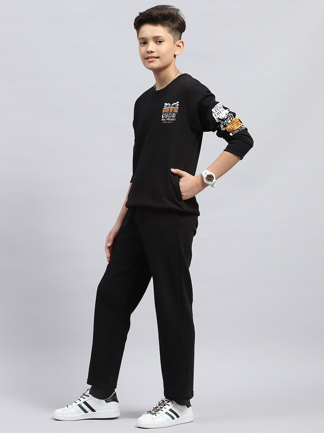 Boys Black Printed Round Neck Full Sleeve Tracksuit