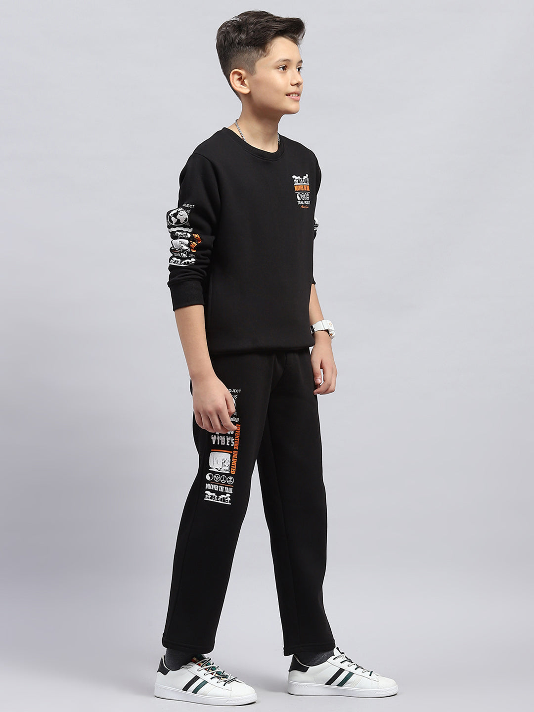Boys Black Printed Round Neck Full Sleeve Tracksuit