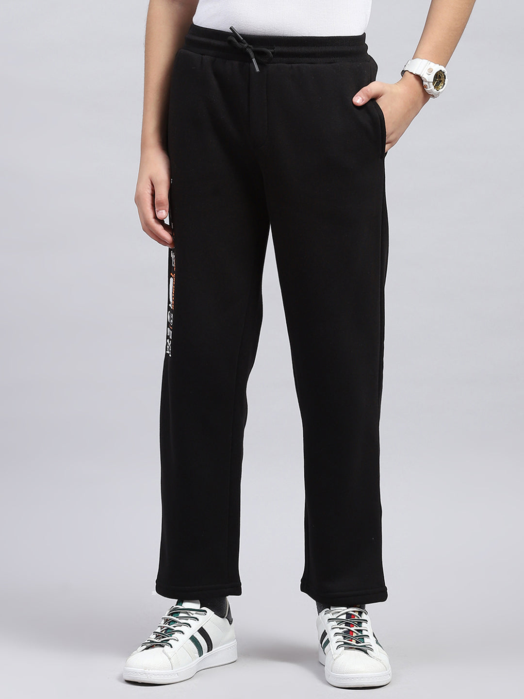 Boys Black Printed Round Neck Full Sleeve Tracksuit