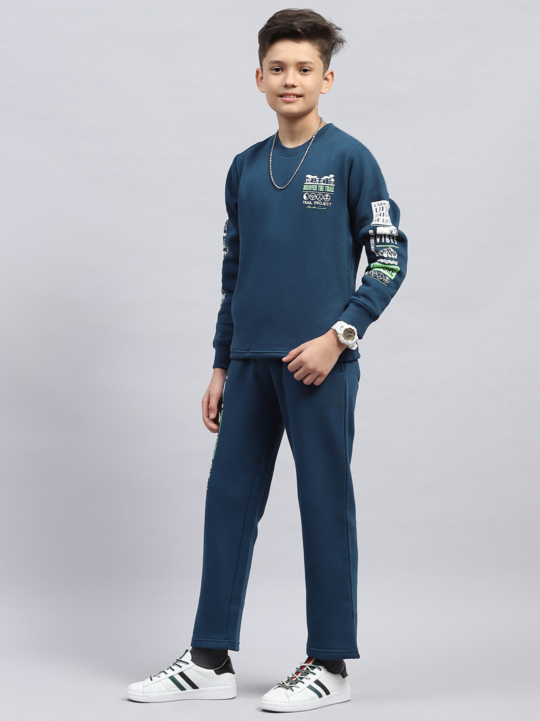 Boys Teal Blue Printed Round Neck Full Sleeve Tracksuit