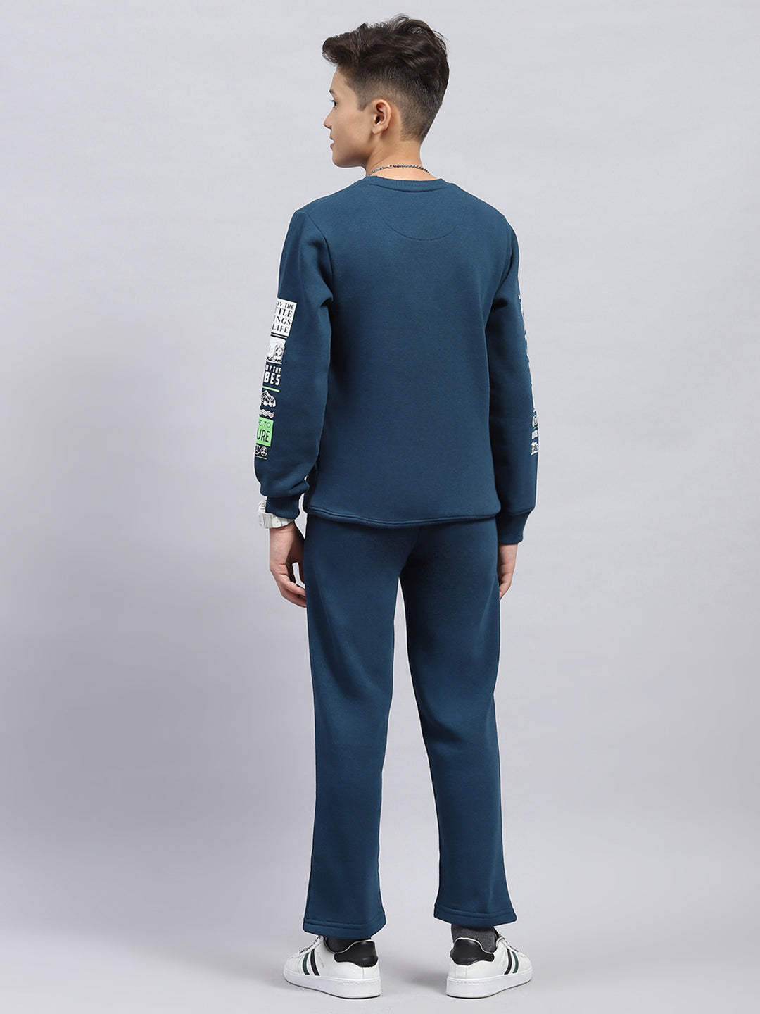 Boys Teal Blue Printed Round Neck Full Sleeve Tracksuit