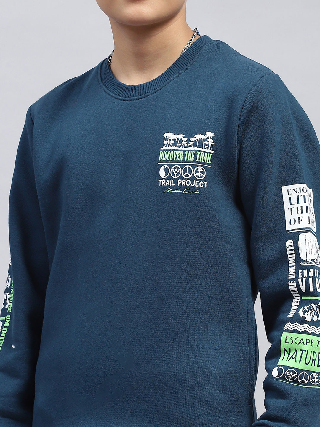 Boys Teal Blue Printed Round Neck Full Sleeve Tracksuit