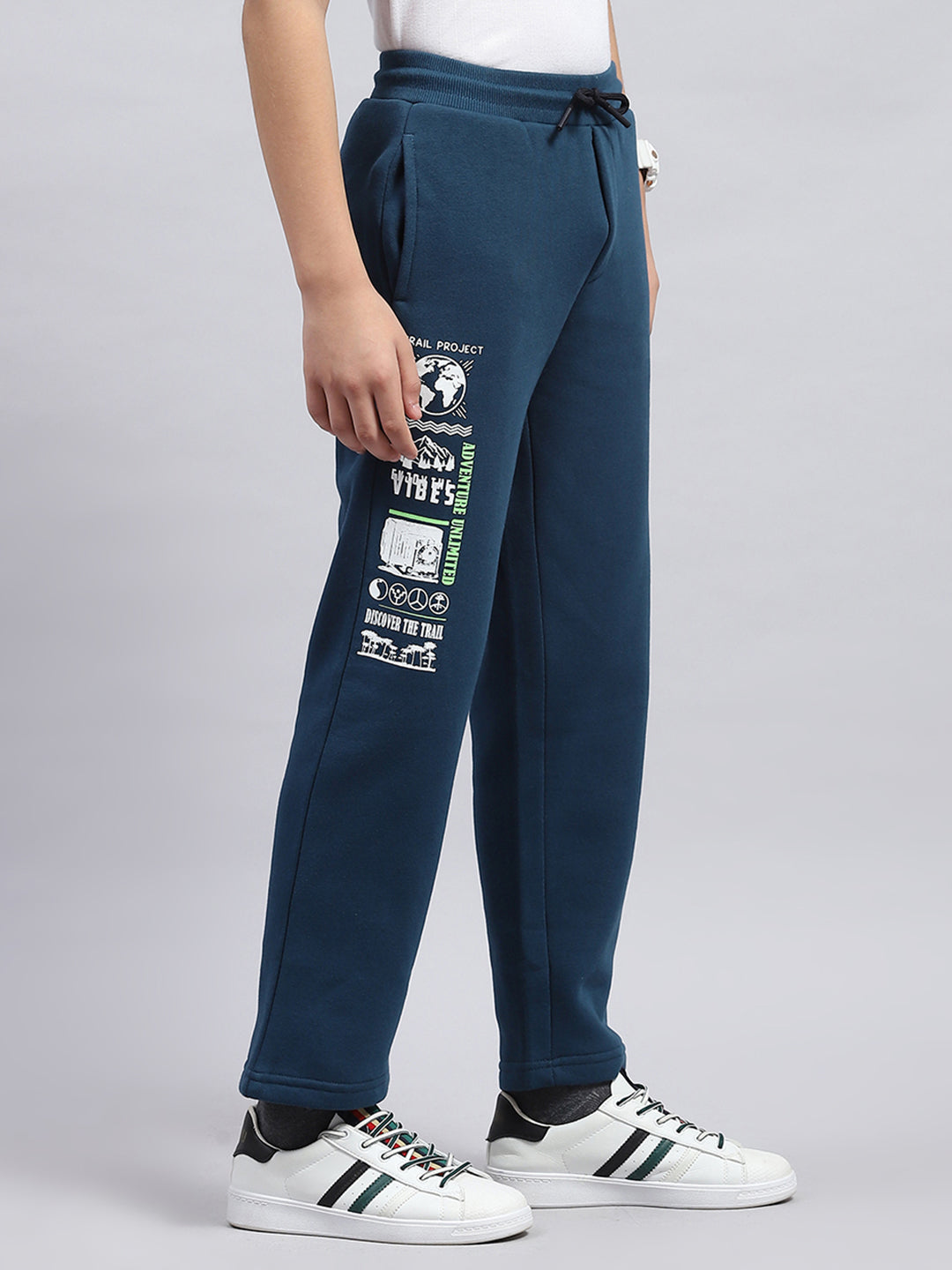 Boys Teal Blue Printed Round Neck Full Sleeve Tracksuit