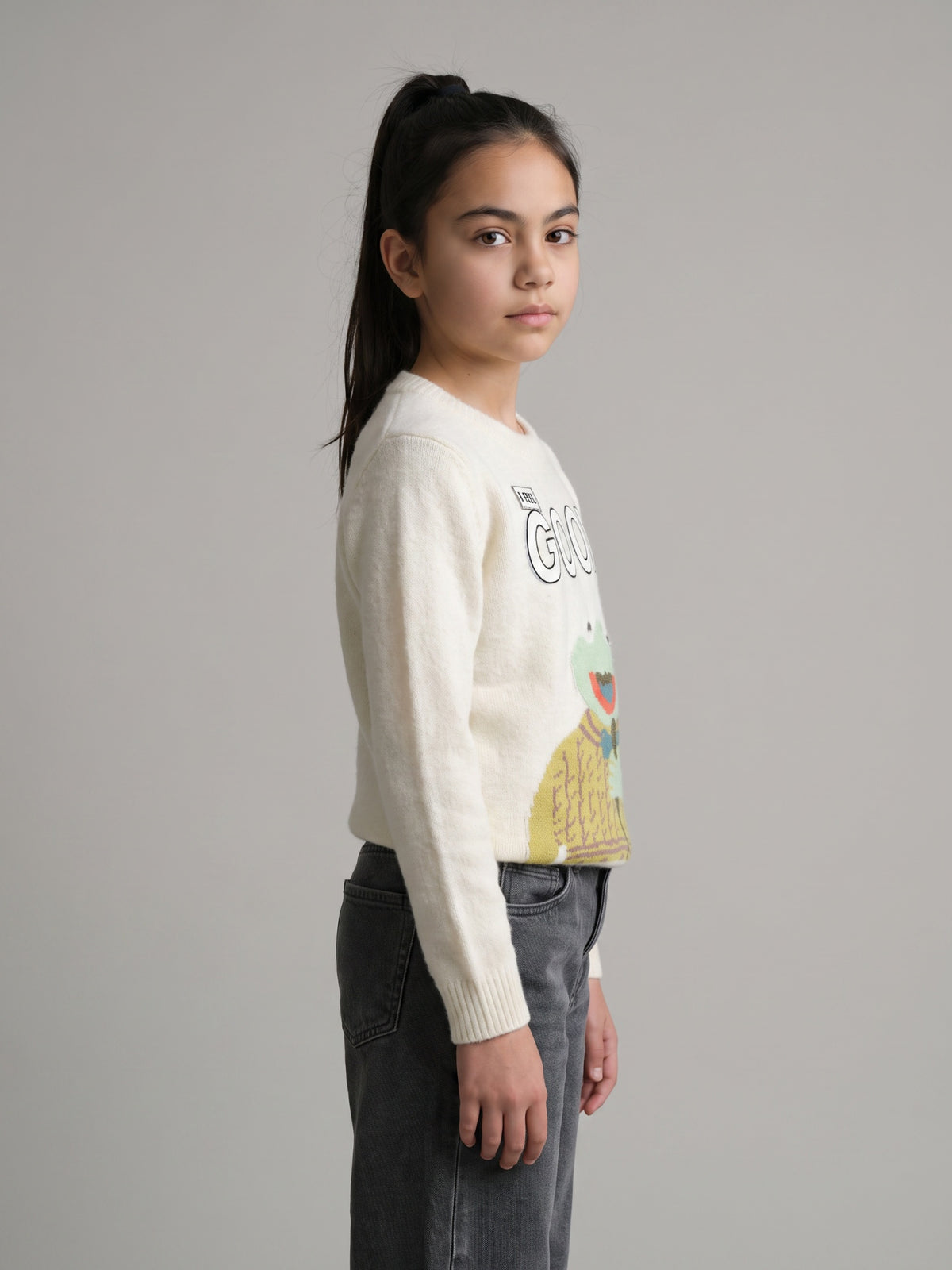 Girls Off White Printed Round Neck Full Sleeve Sweater